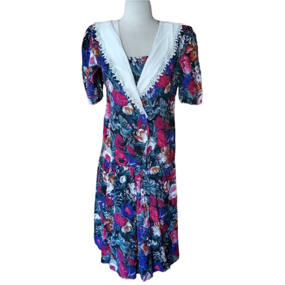 1980s Unlabeled Multi-Color Floral Career Dress